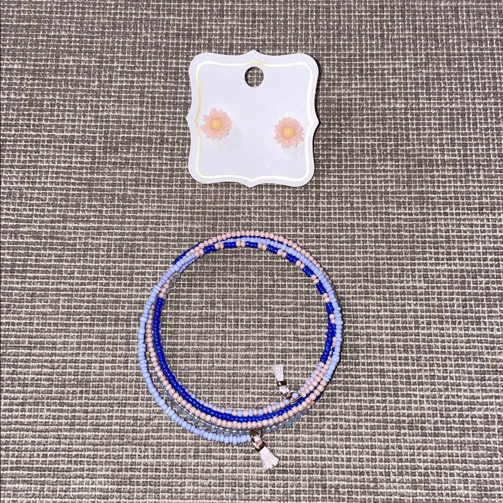 Blue and Pink Beaded Wraparound Bracelet and Flower Earrings